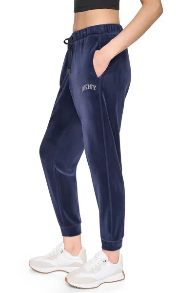 Dkny Women's Varsity Velour Rhinestone Logo Mid-rise Jogger Pants In Blue