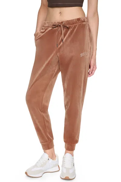 Dkny Women's Varsity Velour Rhinestone Logo Mid-rise Jogger Pants In Brown