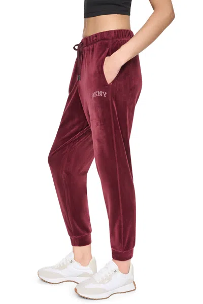 Dkny Women's Varsity Velour Rhinestone Logo Mid-rise Jogger Pants In Burgundy