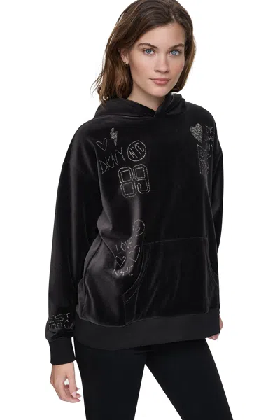 Dkny Women's Velour Rhinestone Grafitti Logo Hoodie In Black