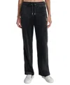 Dkny Women's Velour Rhinestone-logo Side-slit Track Pants In Black