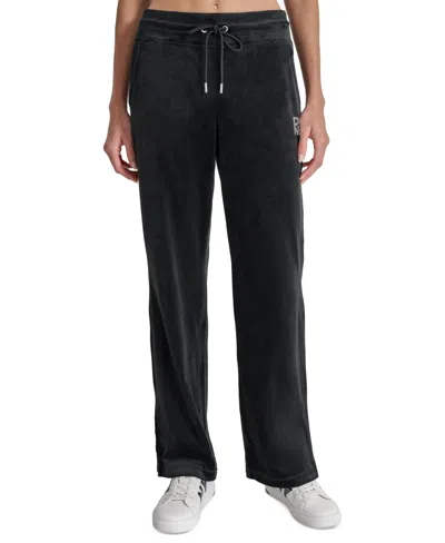 Dkny Women's Velour Rhinestone-logo Side-slit Track Pants In Black