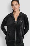 Dkny Women's Velour Rhinestone Two Tone Logo Full Zip Hoodie In Black