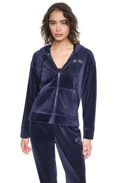 Dkny Women's Velvet Logo Hi-low Hooded Jacket In Blue