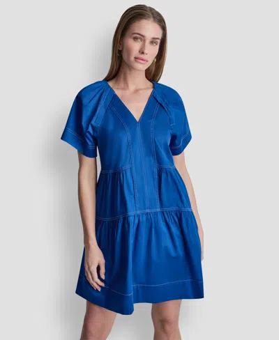 Dkny Women's V-neck Contrast-stitch Mini Dress In Blue
