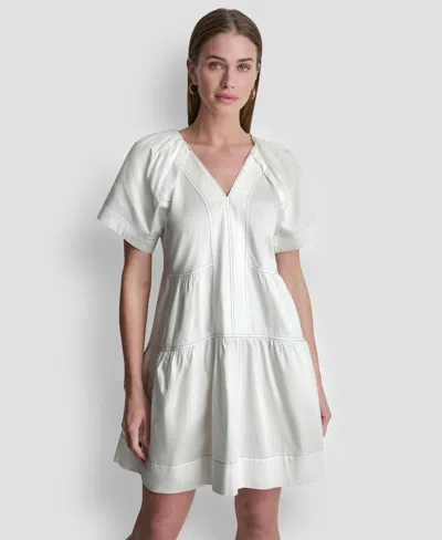 Dkny Women's V-neck Contrast-stitch Mini Dress In White