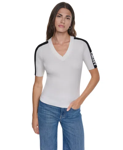 Dkny Logo Stripe Rib Sweater In White