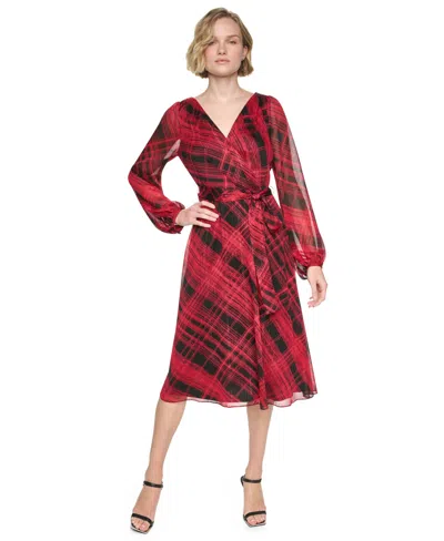 Dkny Women's V-neck Long-sleeve Midi Dress In Red