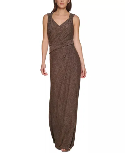 Dkny Women's V-neck Metallic Ruched-knit Sleeveless Gown In Brown