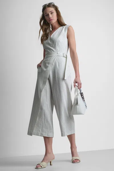 Dkny Women's V-neck Striped Jumpsuit In Gray