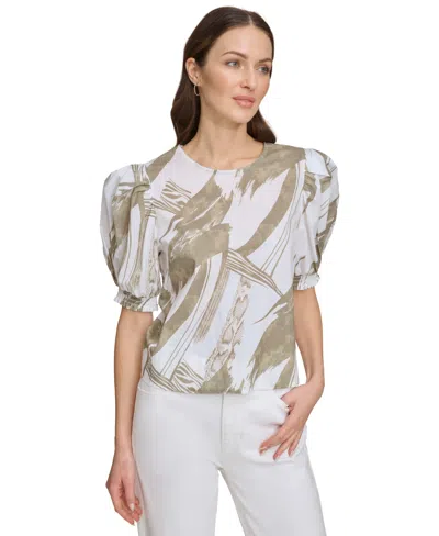 Dkny Printed Voile Puff Sleeve Top In Abs Brshstk/ Lt Fat