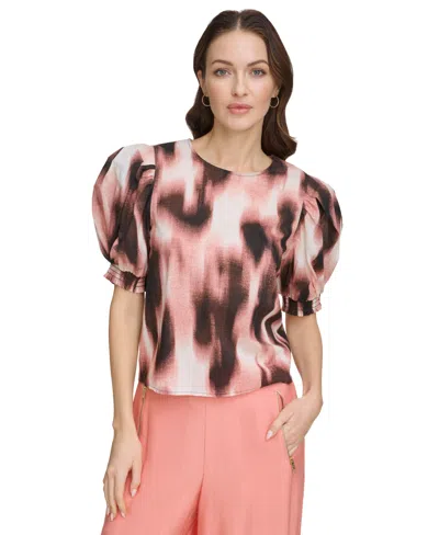 Dkny Abstract Print Puff Sleeve Voile Top In Abstract Dot