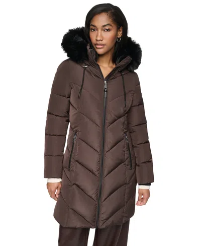 Dkny Women's Walker Length Puffer With Faux Fur Trimmed Hood Coat In Brown
