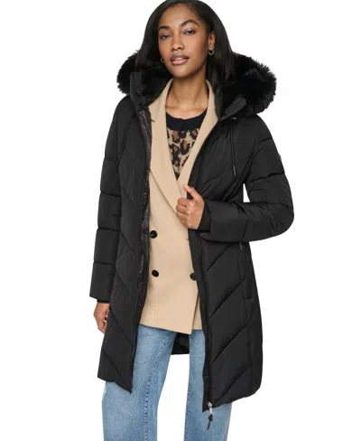 Dkny Women's Walker Length Puffer With Faux Fur Trimmed Hood Coat In Black
