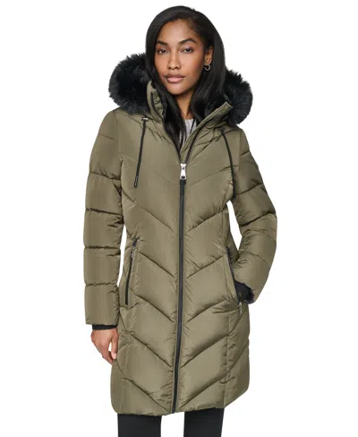 Dkny Women's Walker Length Puffer With Faux Fur Trimmed Hood Coat In Green