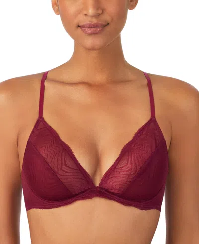 Dkny Burgundy Wavy Lace Plunge Bra In Red