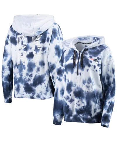 Dkny Women's White And Navy New England Patriots Dakota Oversized Tie-dye Half-zip Hoodie In White,navy