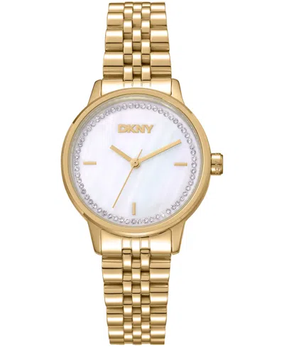 Dkny Women's White Mop Crystal Accented Dial Stainless Steel Bracelet Watch, 30mm In Pink