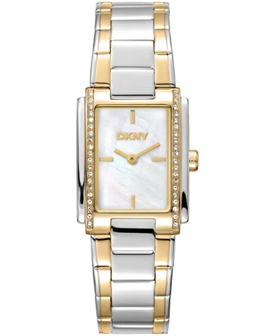 Dkny Women's White Mop Dial Crystal Accented Case Two-tone Gold Stainless Steel Bracelet Watch, 23 X 30mm In Silver