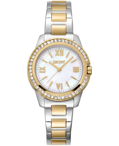Dkny Women's White Mop Dial Crystal Bezel Two-tone Gold Stainless Steel Bracelet Watch, 30mm In Silver