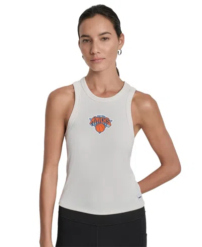 Dkny Women's White New York Knicks Hudson Rib High Neck Tank Top In Transparent