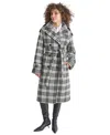 Shop Dkny Women's Wool Blend Double-breasted Wrap Coat In Black,white Plaid