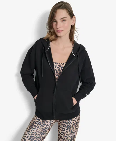 Dkny Women's Woven Patch Oversized Full Zip Jacket Hoodie In Black