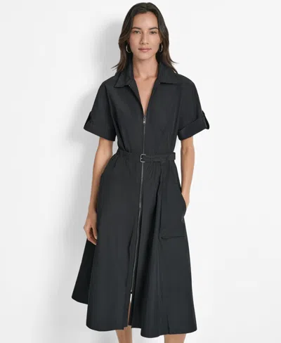 Dkny Women's Zip-front Belted Commuter Dress In Black