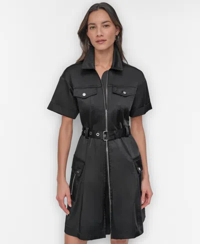 Dkny Women's Zip-front Belted Short-sleeve Dress In Black