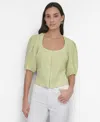 Dkny Front Zip Puff Sleeve Crop Linen Blend Top In Tea Green