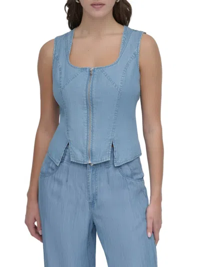 Dkny Women's Zip Front Tencel Lyocell Corset Top In Blue