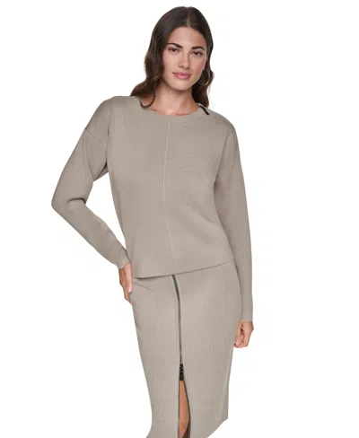 Dkny Women's Zip Shoulder Crewneck Long-sleeve Sweater In Gray