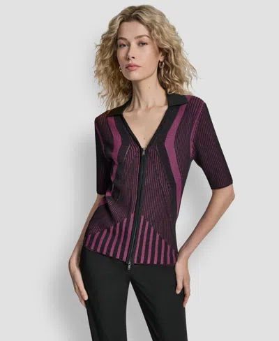 Dkny Women's Zip Up Short Sleeve Sweater In Purple