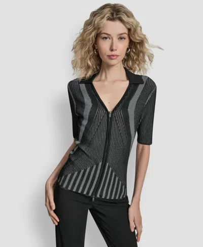 Dkny Women's Zip Up Short Sleeve Sweater In Black