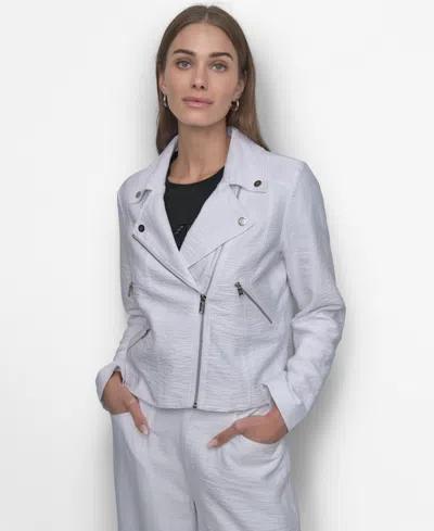Dkny Women's Zipper Detailed Crinkle Jacket In White