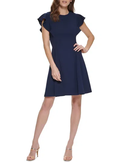 Dkny Womens Above Knee Ruffle Sleeve Fit & Flare Dress In Blue