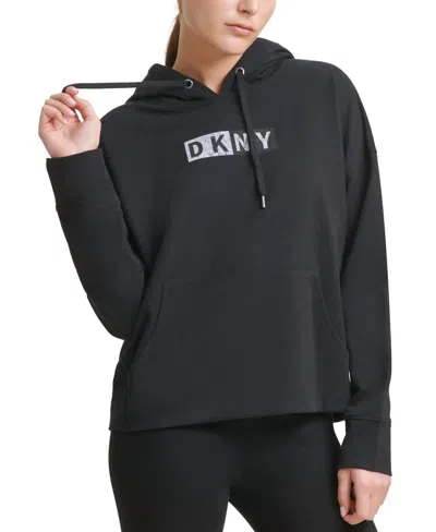 Dkny Womens Activewear Sport Logo Hooded Cotton Sweatshirt In Black