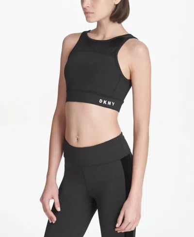Dkny Womens Activewear Sport Velvet Trimmed V Back Medium Support Sports Bra In Black