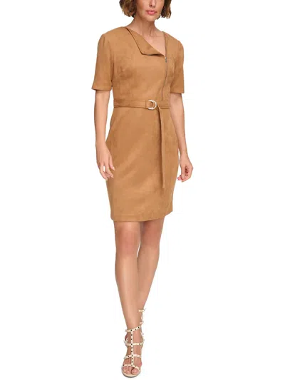 Dkny Womens Belted Faux Suede Shift Dress In Brown