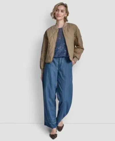 Womens Belted Front Seam Straight Pants Sleeveless Bubble Hem Sequin Knit Top Front Zip Quilted Bomb In Brown from DKNY