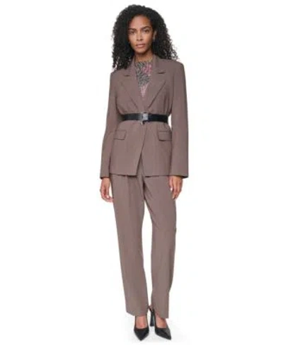 Dkny Womens Belted Notch Collar Stretch Blazer Pleated Straight Leg High Waisted Trousers In Brown