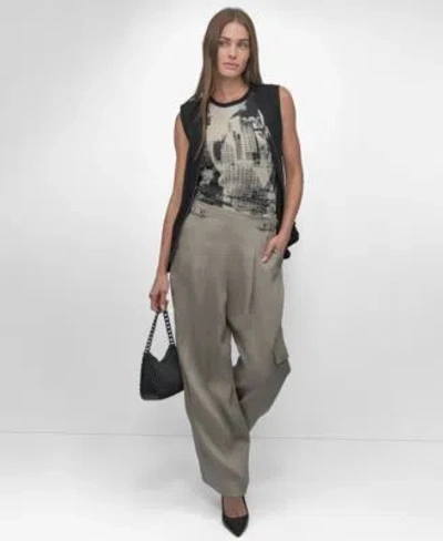 Dkny Womens Boucle Printed Tank Top Tie Front Cargo Pants Combo Zipper Vest In Skyline Collageblk