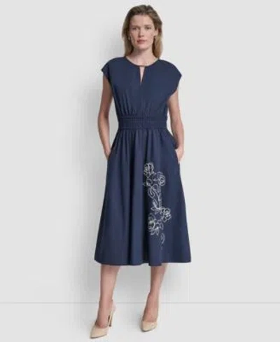 Dkny Womens Cap Sleeve Jewel Neck Keyhole Midi Dress In Black