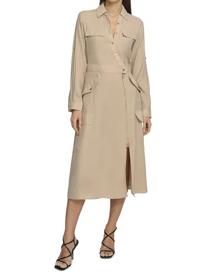 Dkny Long Sleeve Cargo Midi Dress In Sandalwood