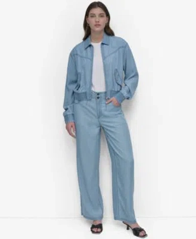 Dkny Womens Chambray Zip Front Bomber Jacket Chambray Wide Leg Pants In Blue