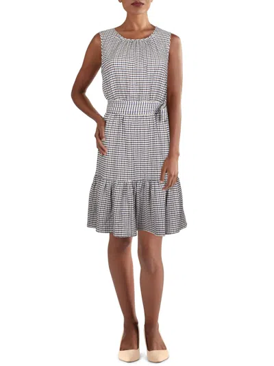Dkny Womens Checkered Sleeveless Fit & Flare Dress In Blue