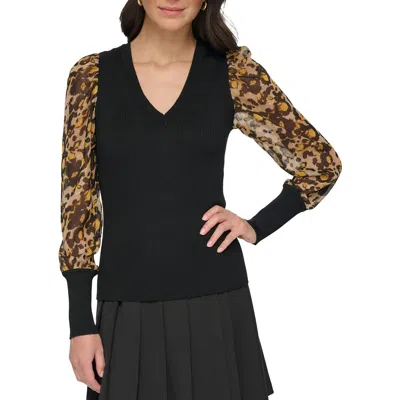 Dkny Womens Chiffon Trim Metallic V-neck Sweater In Multi