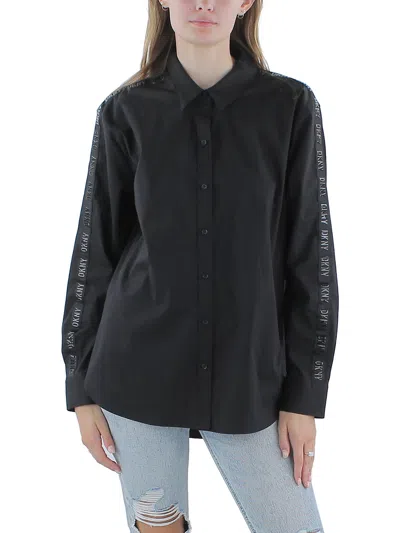 Dkny Womens Collar Long Sleeve Button-down Top In Black