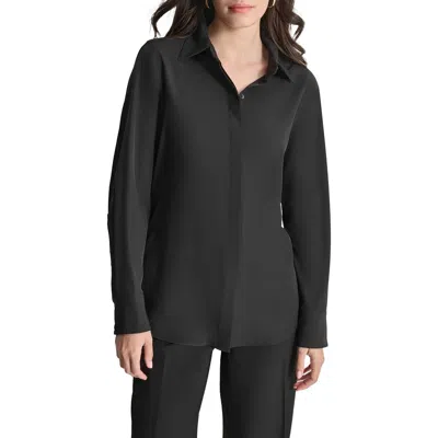 Dkny Womens Collar Polyester Button-down Top In Black