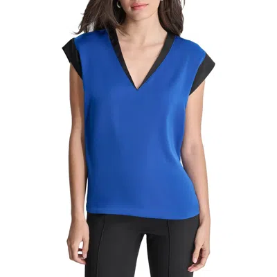 Dkny Womens Contrast Trim Satin Blouse In Blue